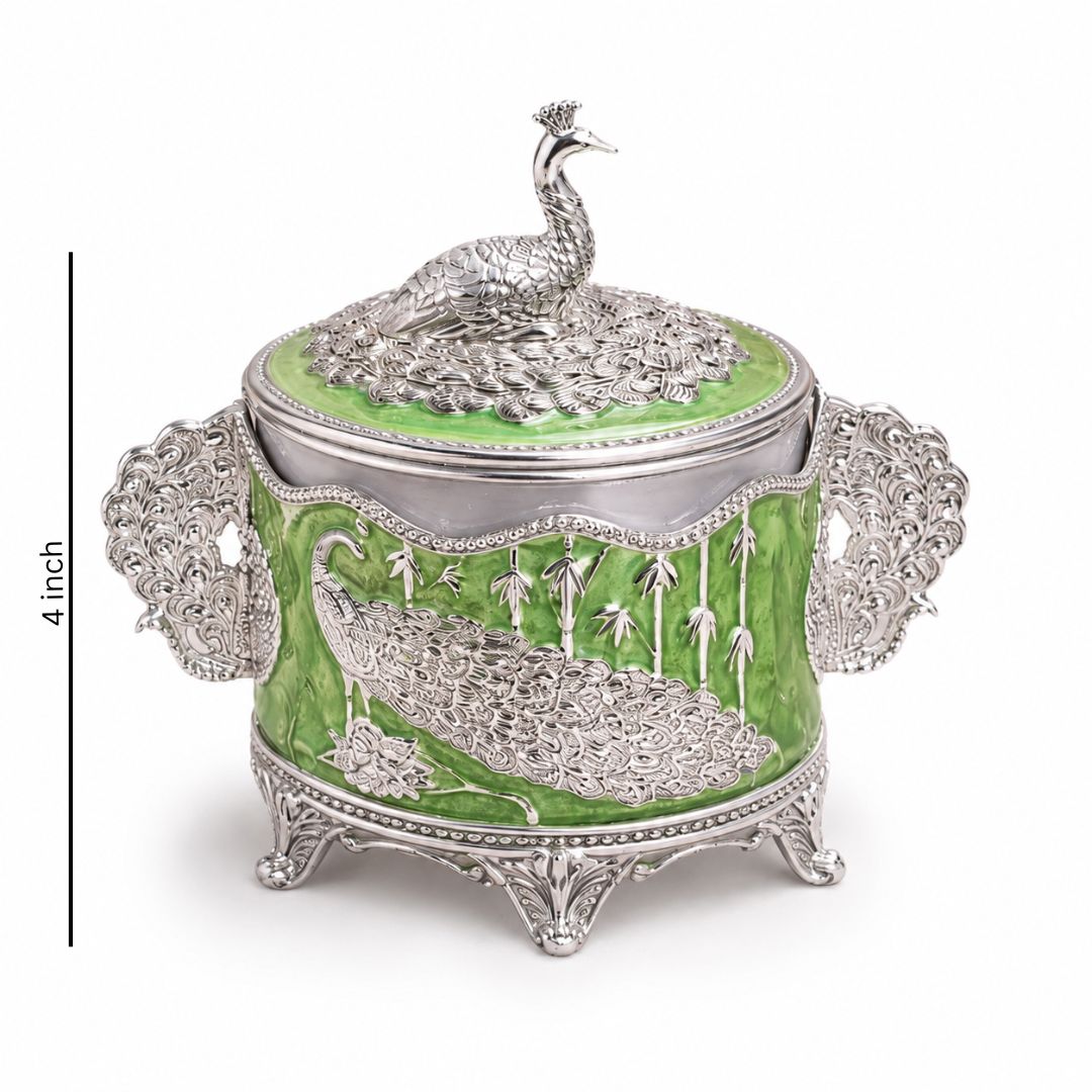 Luxury German Silver Peacock Dry Fruit Box with Handles – Green Enamel Finish (6 Inch) - Adscraft.in