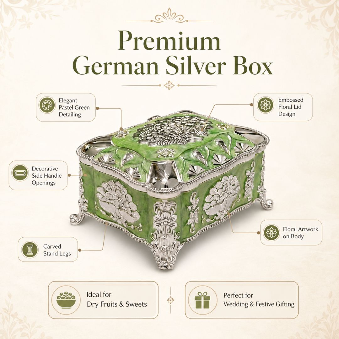 Green Enamel German Silver Decorative Jewellery & Keepsake Box (4 x 3 x 3 Inch)