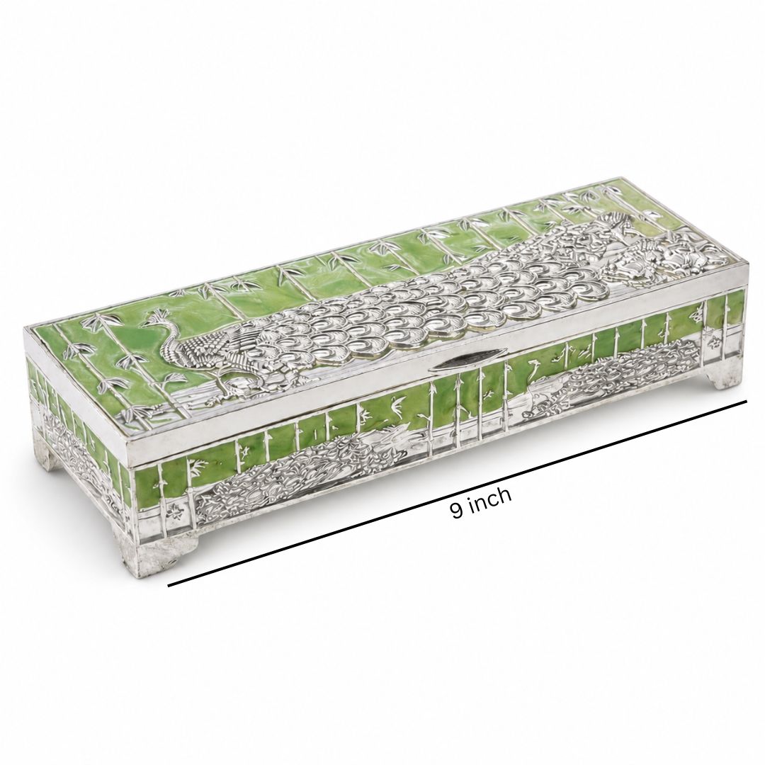 Premium German Silver Peacock Dry Fruit Box with Green Enamel Finish (9 x 3.5 x 2 Inch)