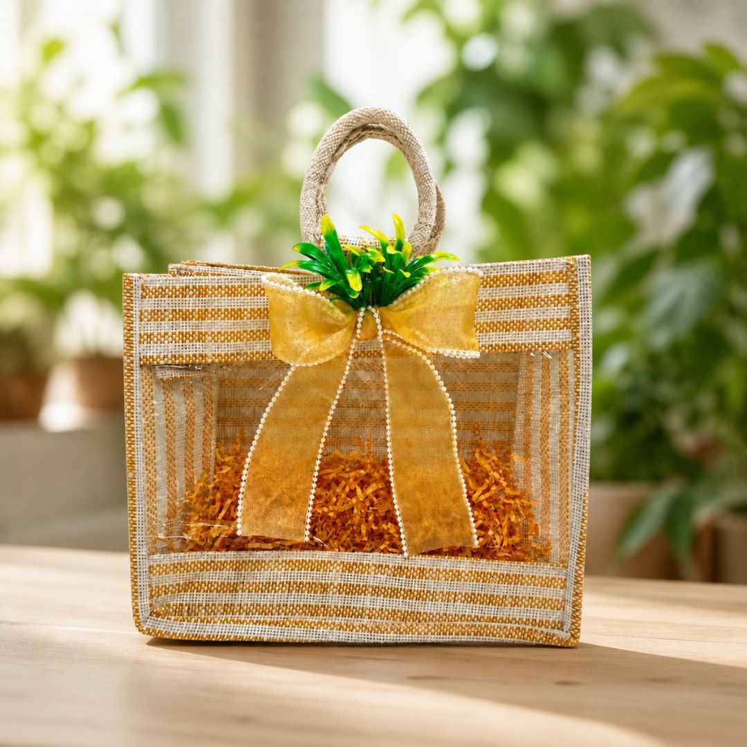 (Set of 5)Premium Jute Transparent Gift Bag with Golden Bow & Handle (12 x 14 Inch)
