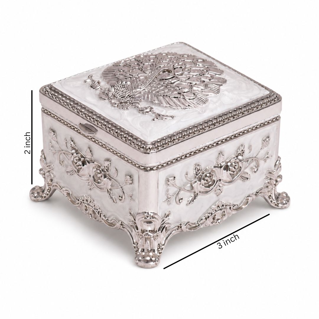 Royal White German Silver Peacock Jewellery Box (3 x 3 x 2 Inch)