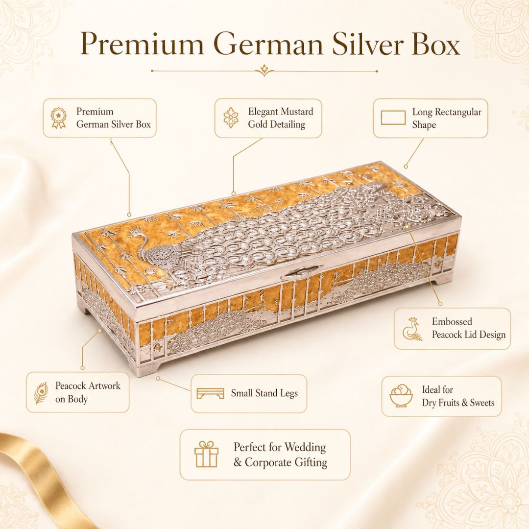 Premium German Silver Peacock Dry Fruit Box with Orange Enamel Finish (9 x 3.5 x 2 Inch)