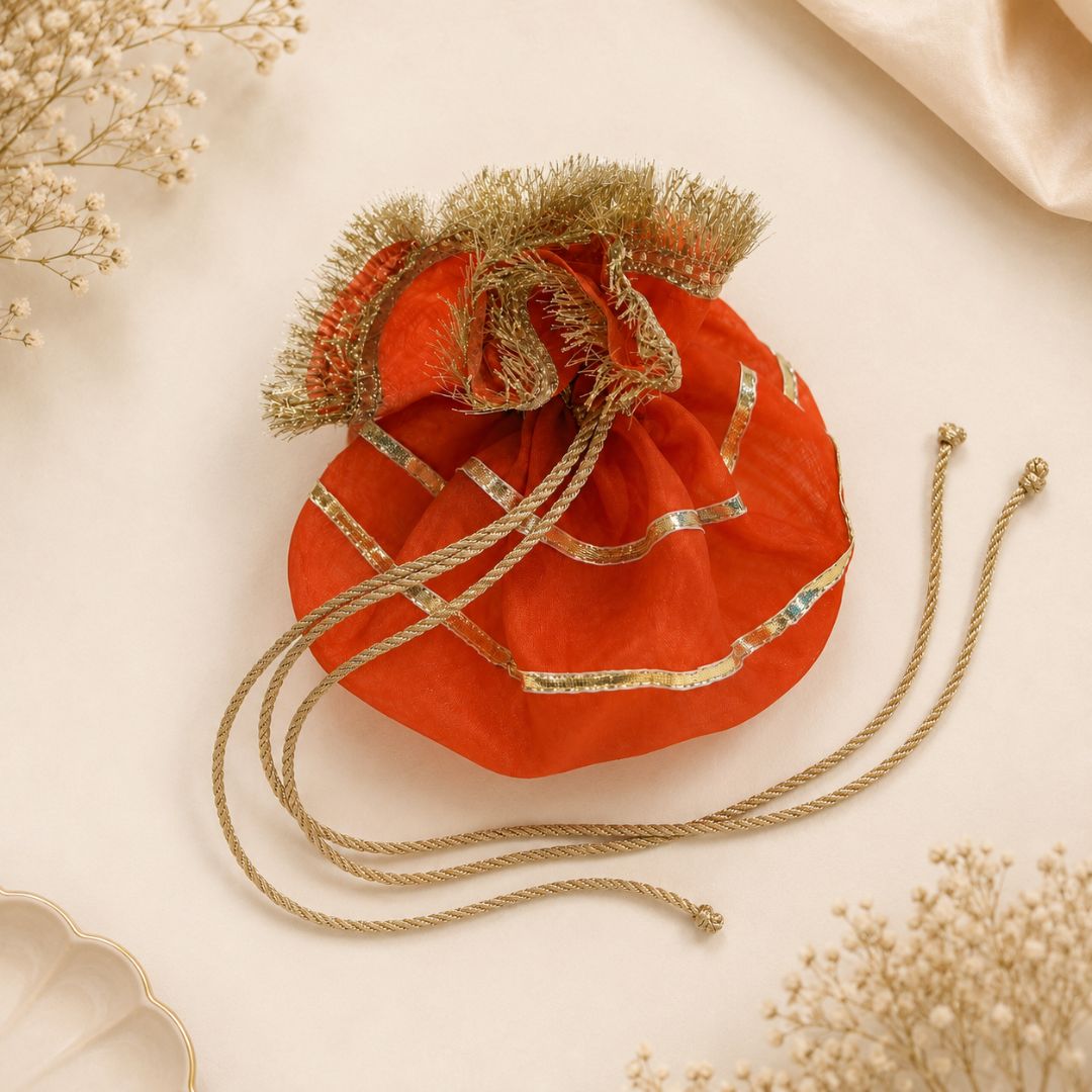 Pack of 5-Orange Gold Lace Drawstring Potli Bag