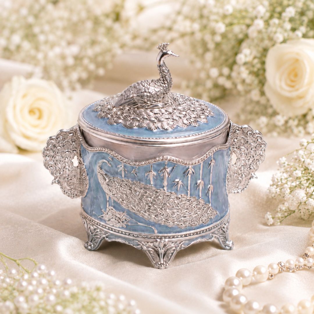 German Silver Peacock Round Jar with Lid – 6 Inch Luxury Sweet & Dry Fruit Box - Adscraft.in