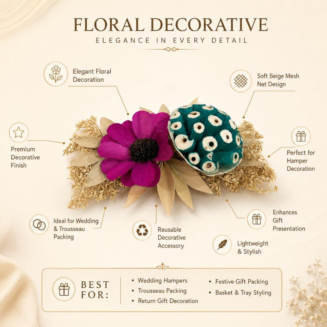 Set of 5 Magenta & Teal Floral Decorative Accessories for Hamper & Trousseau Packing