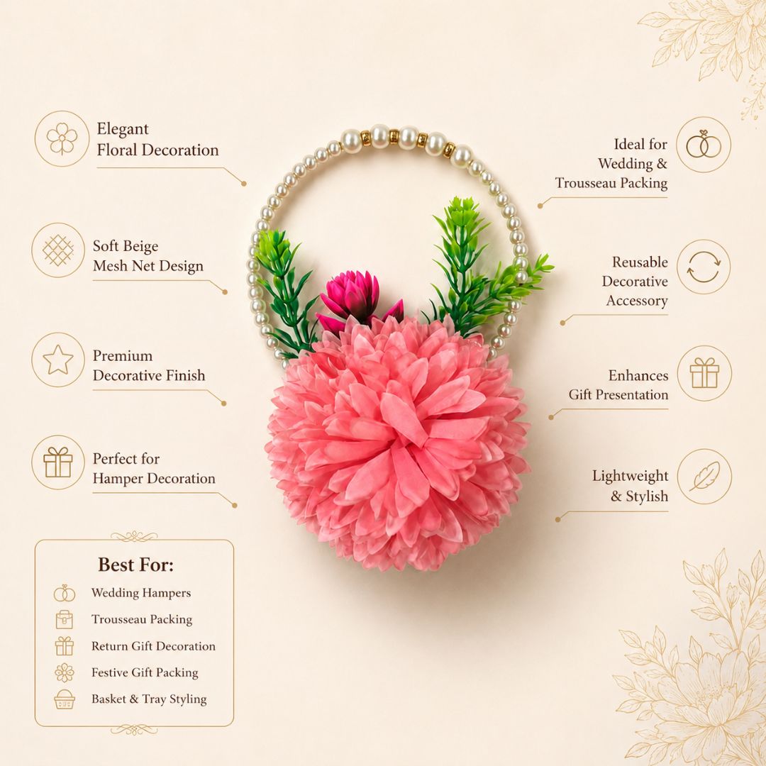 Set of 5 Coral Pink Pearl Loop Floral Decorative Accessories for Hamper & Trousseau Packing