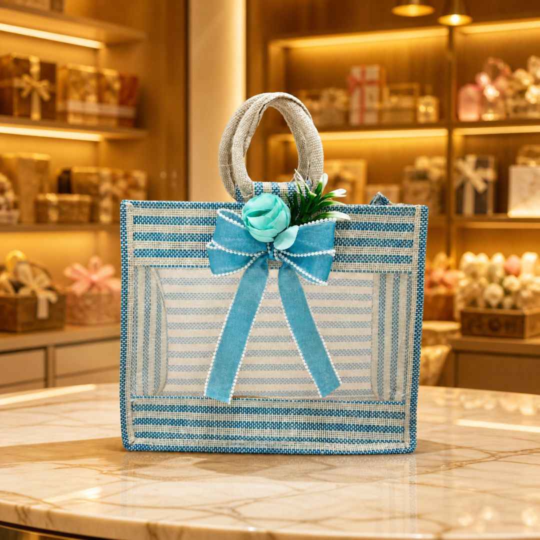 (Set of 5)Premium Blue Striped Jute Gift Bag with Transparent Window & Floral Bow –  (12 x 14 Inches)