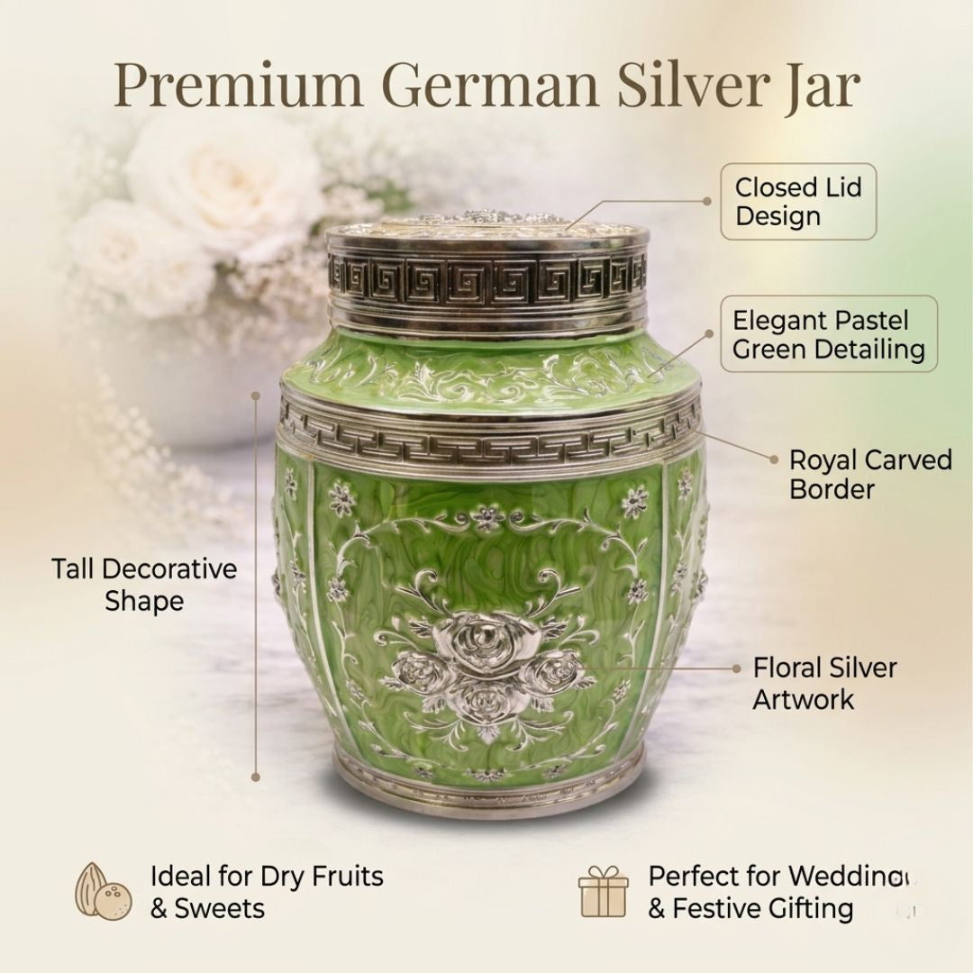 Luxury Green Floral Enamel Storage Jar with Silver Detailing – 7 Inch Decorative Dry Fruit & Sweet Container