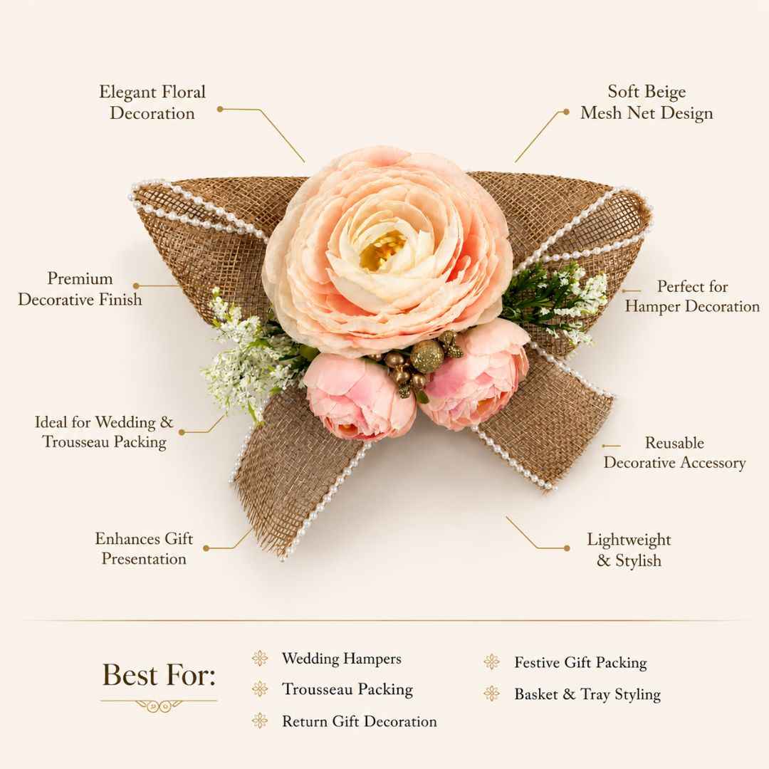 Set of 5 Peach Floral Decorative Accessories with Pearl Mesh Bow for Hamper Decoration