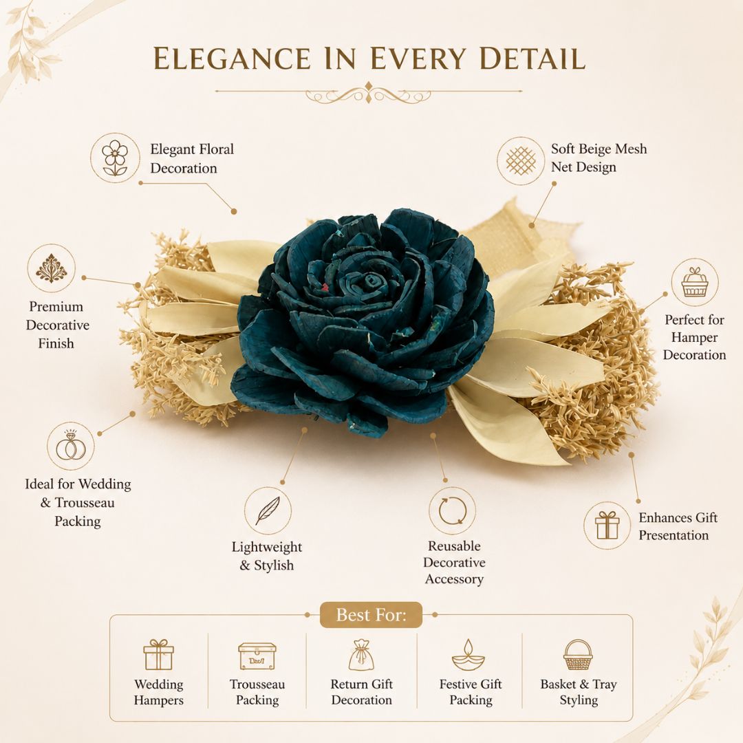 Set of 5 Teal Rose Decorative Accessories with Golden Leaves for Hamper & Trousseau Packing