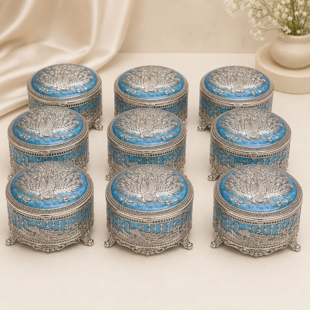 German Silver Peacock Design Round Box (3 Inch) – Luxury Dry Fruit & Return Gift Box