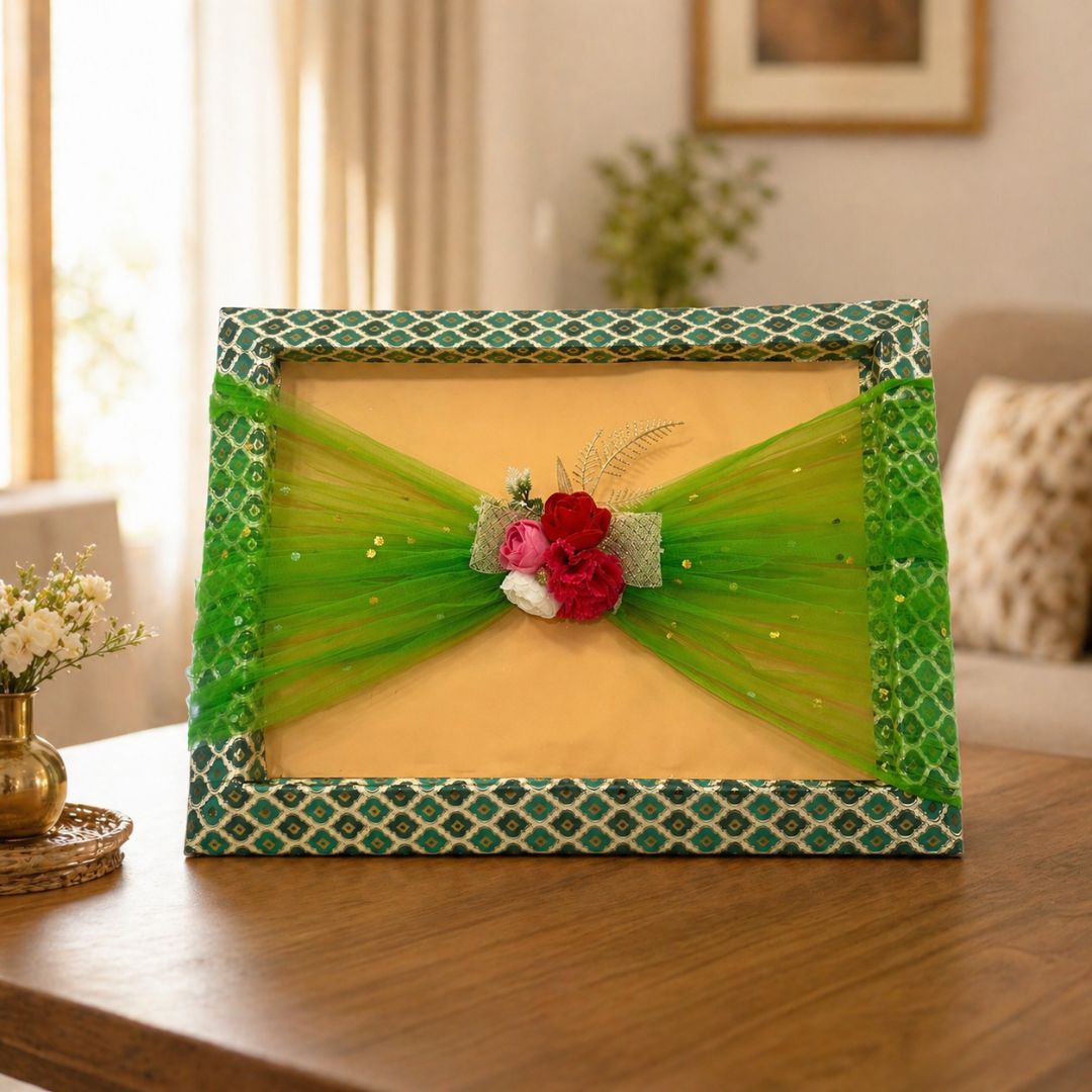 (Set of 3)Premium Green Net Decorative Gift Tray – Floral Center Design | 21 x 16 Inches