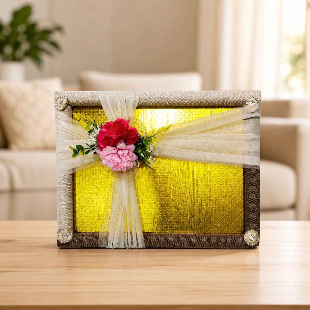 (Set of 3)Luxury Golden Ready-to-Use Trousseau Tray with Floral Net Decor – 19 x 14 Inches