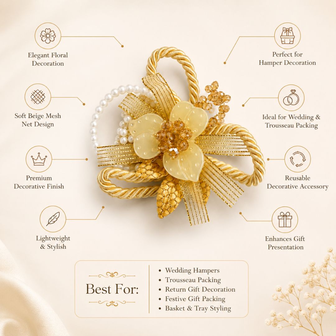 Set of 5 Golden Pearl Loop Floral Decorative Accessories for Hamper & Trousseau Packing