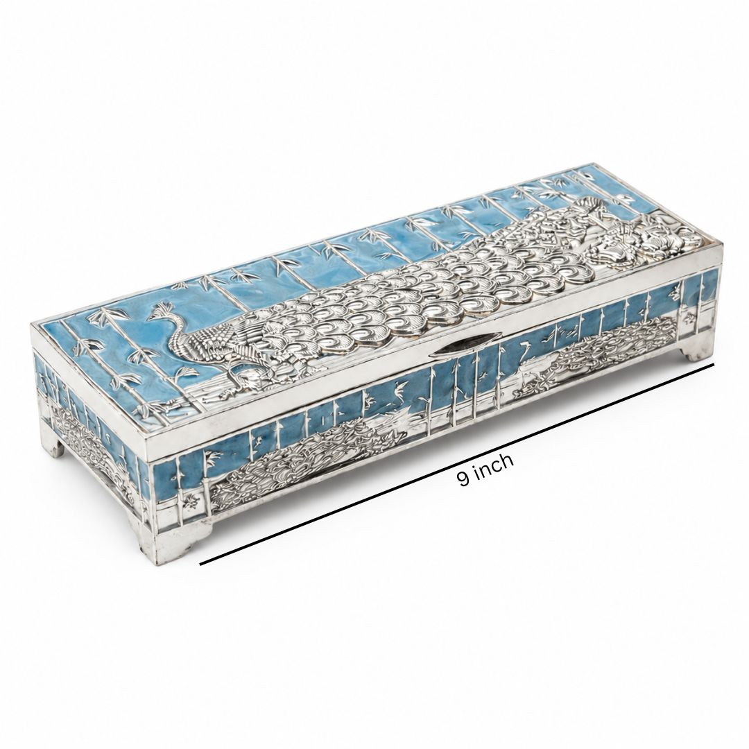 Premium German Silver Peacock Dry Fruit Box with Blue Enamel Finish (9 x 3.5 x 2 Inch)