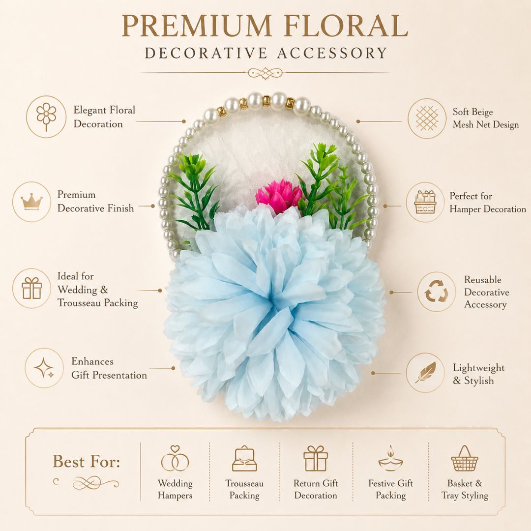 Set of 5 Sky Blue Pearl Loop Floral Decorative Accessories for Hamper & Trousseau Packing