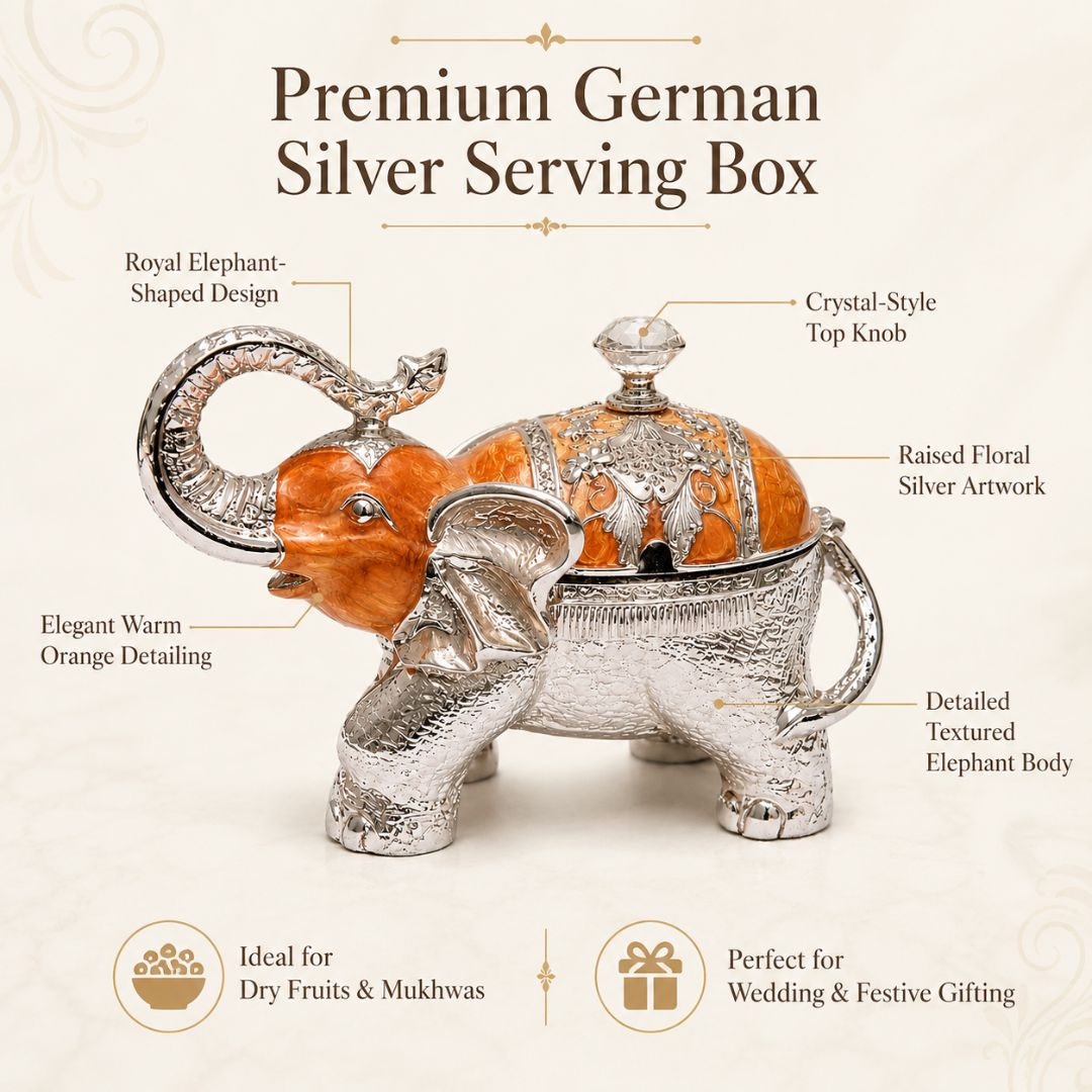 Luxury Elephant Shape Dry Fruit Container with Lid – Silver & Orange Finish (8 Inch)