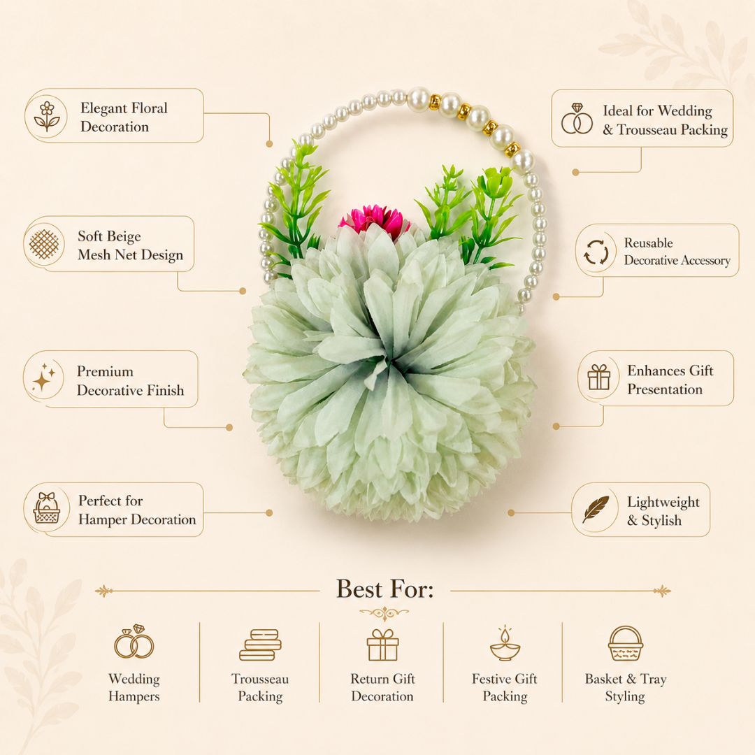 Set of 5 Mint Green Pearl Handle Floral Decorative Accessories for Hamper & Trousseau Packing