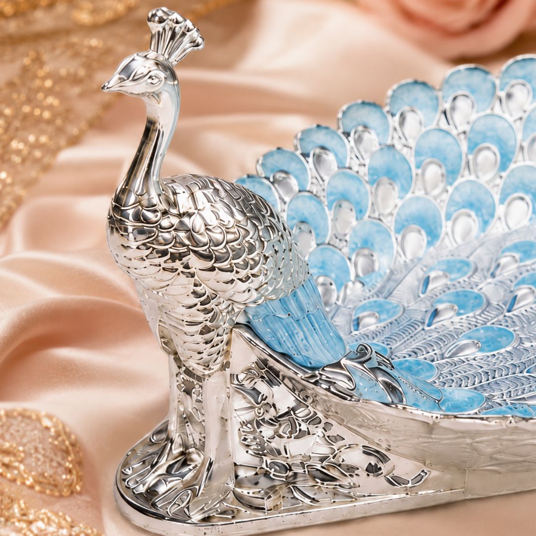 Peacock Design German Silver Dry Fruit Tray – Blue Enamel (8 Inch) - Adscraft.in