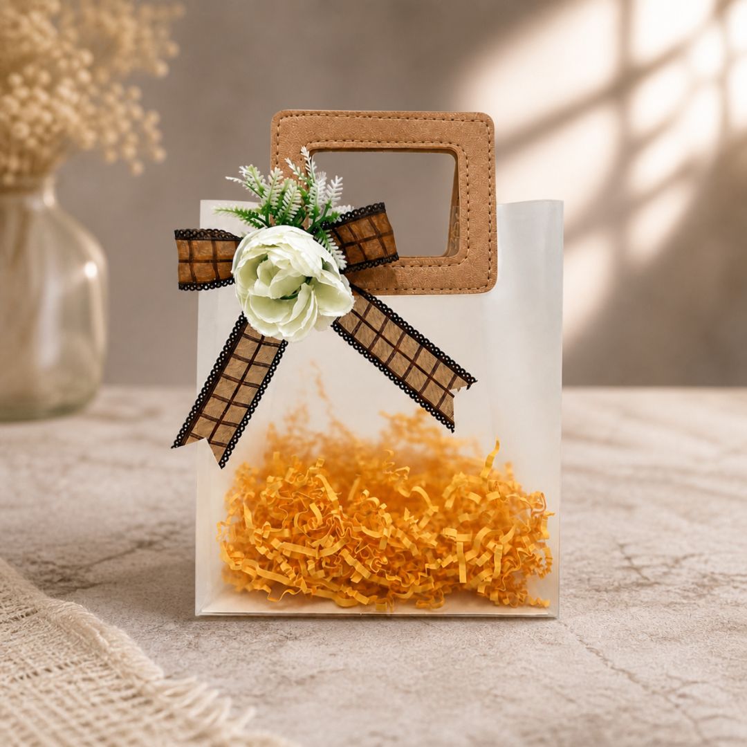 (Set of 5)Premium Frosted Gift Bag with Wooden Handle & Floral Bow – (6.5 x 9 Inches)