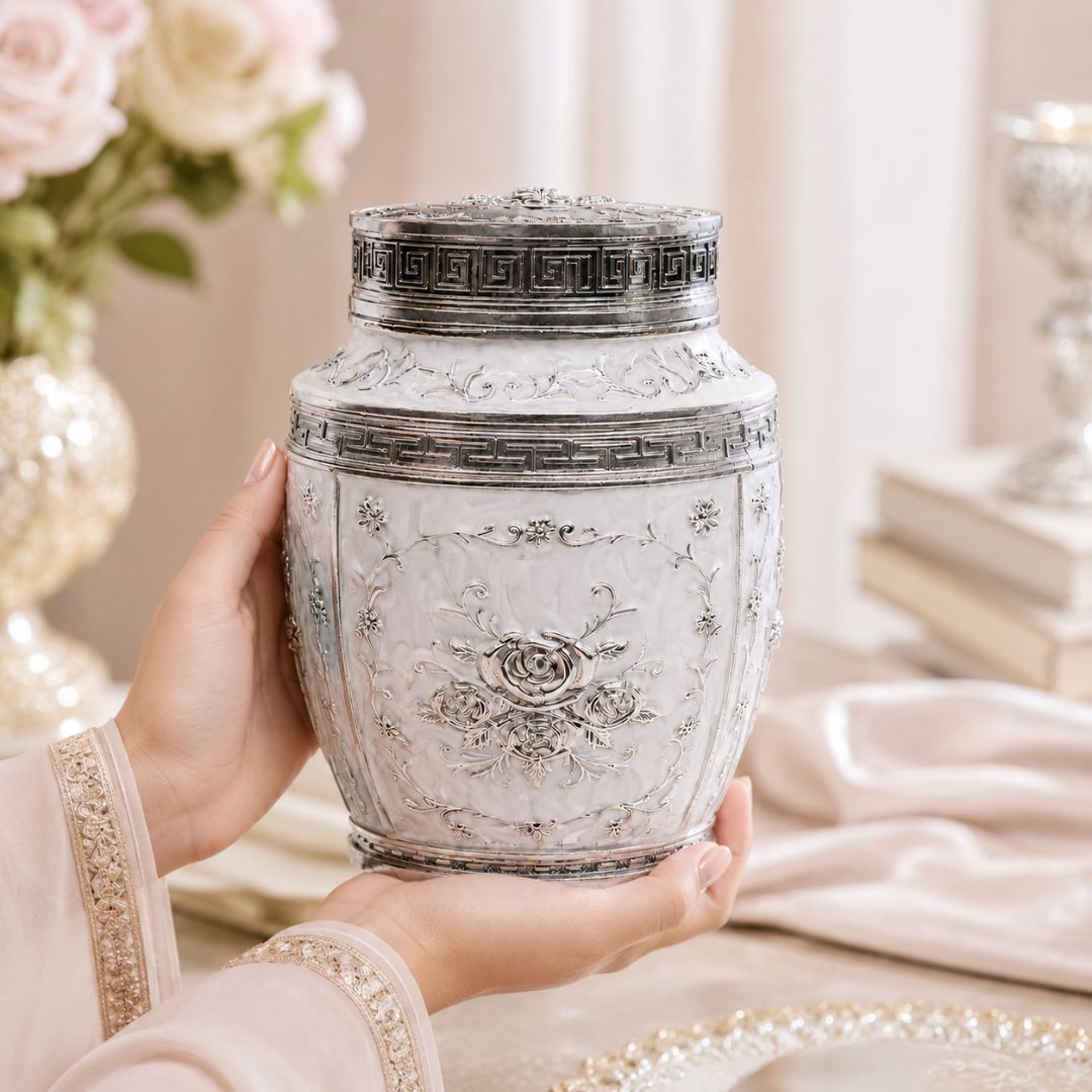 White Floral Silver Decorative Storage Jar (7 x 5 Inch) – Luxury Sweet & Dry Fruit Container