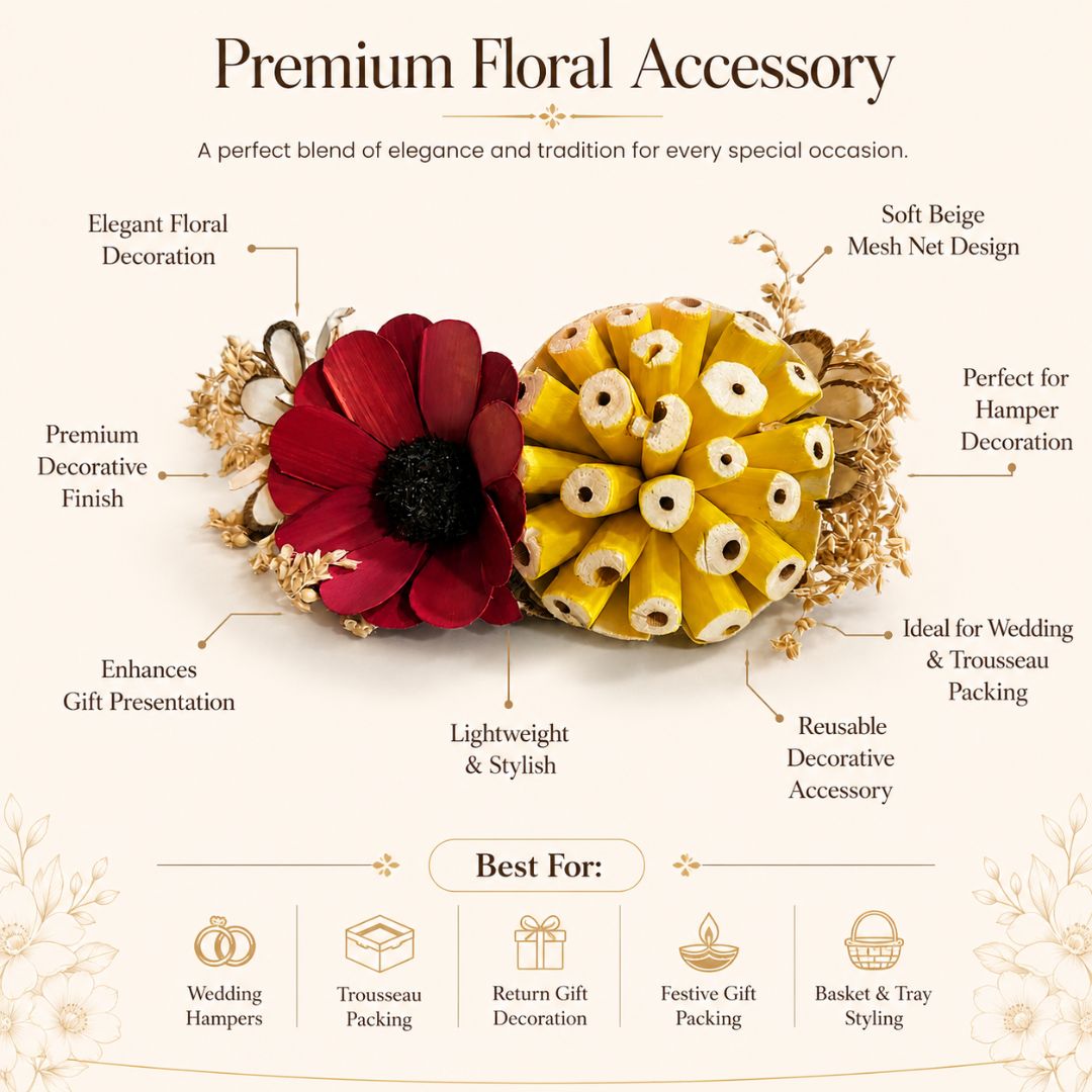 Set of 5 Red & Yellow Floral Decorative Accessories for Hamper & Trousseau Packing