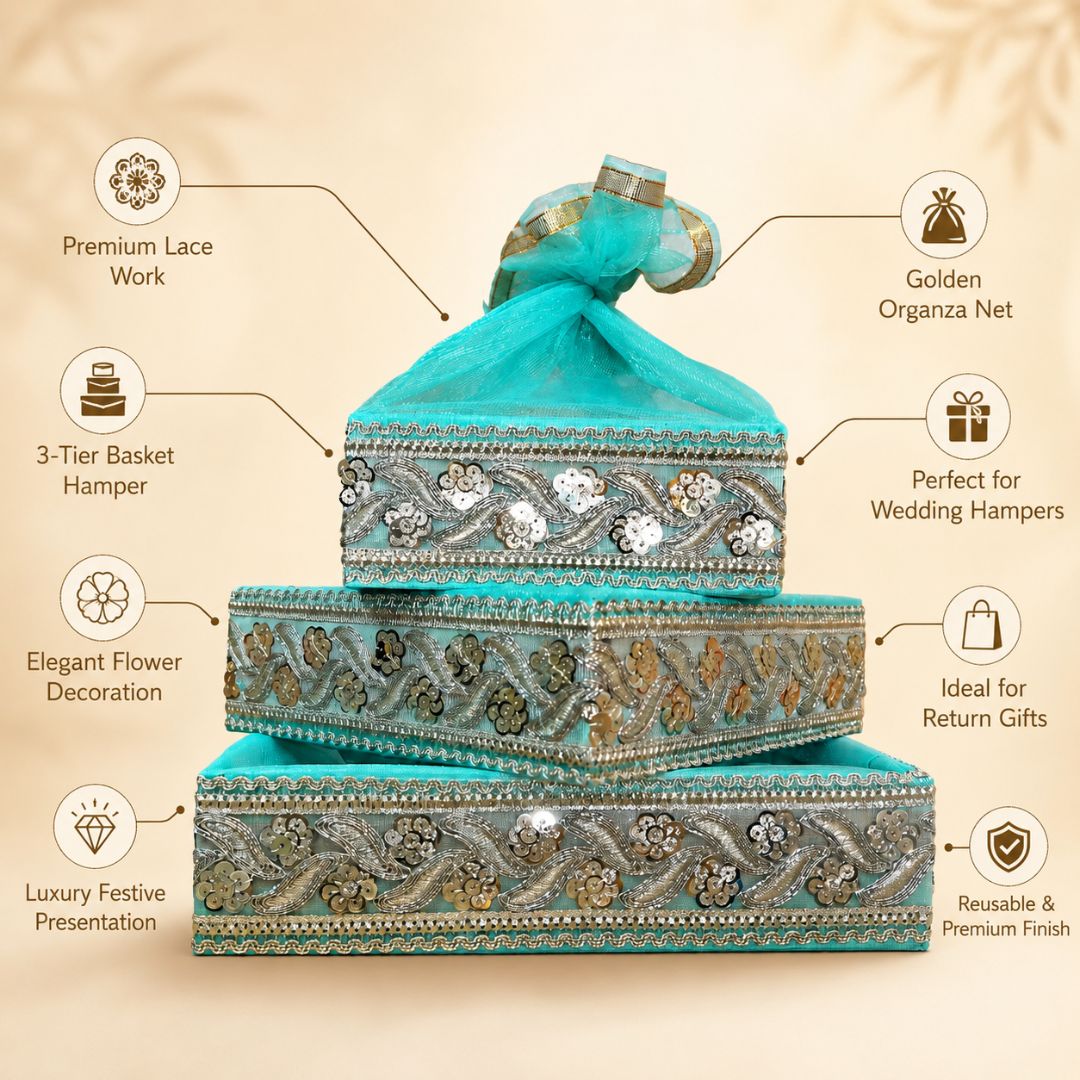 Set of 3-Turquoise Silver Embroidered Wedding Hamper Basket  Set