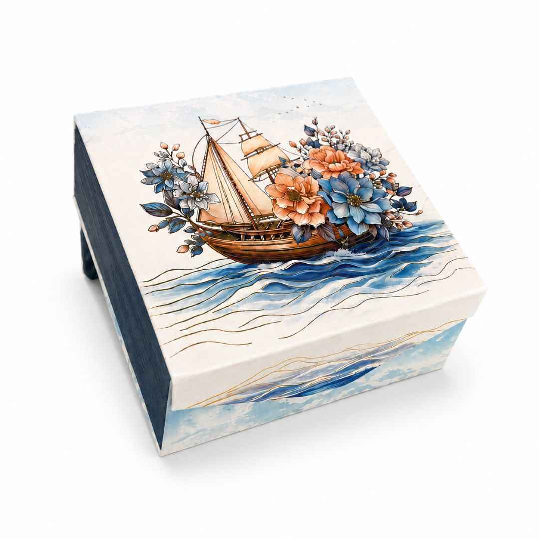Pack of 5 Sailing Boat Floral Printed Square Gift Box – Premium Gift & Hamper Packaging Box