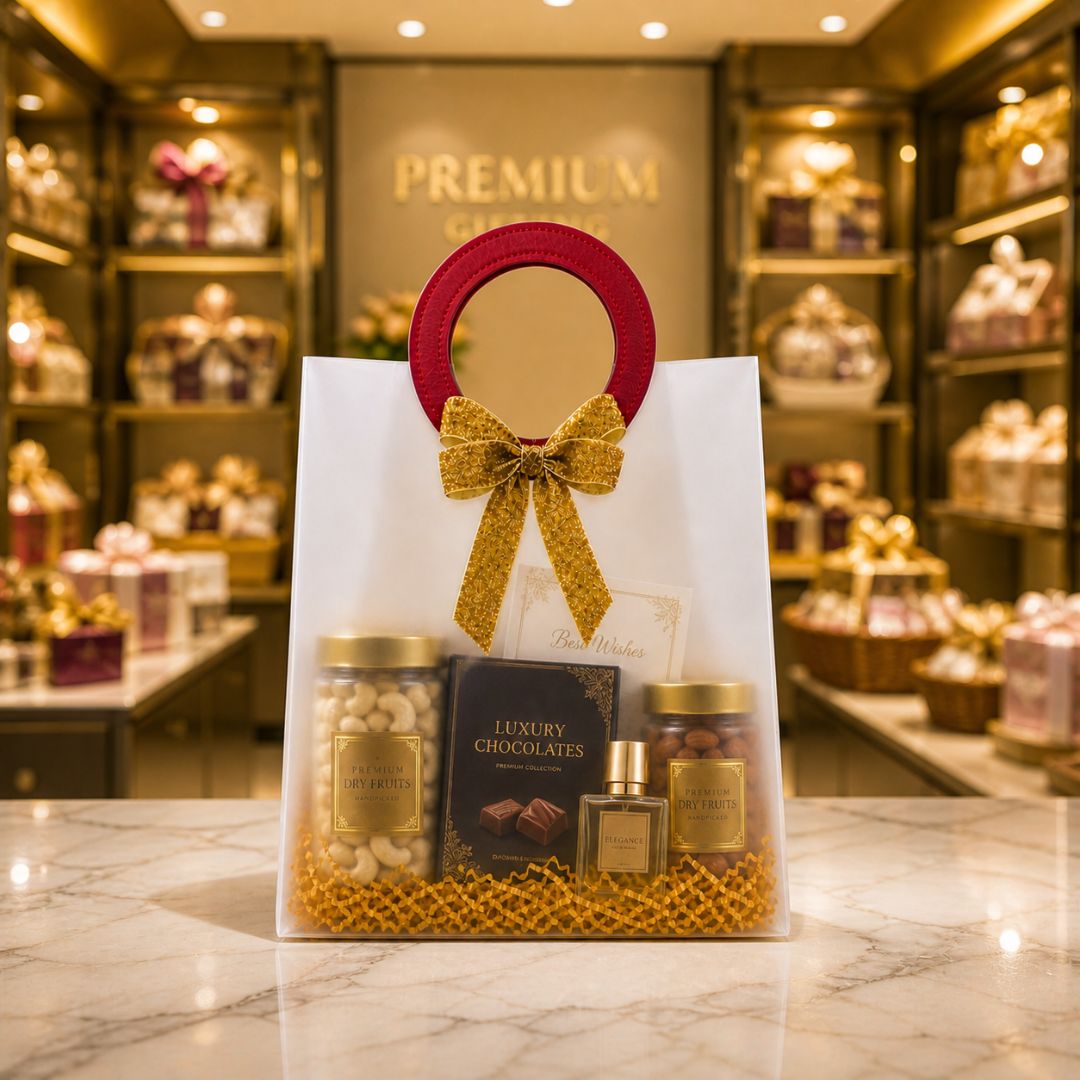 (Set of 5)Premium Frosted Gift Bags with Designer Ring Handle & Golden Bow –(7 x 10 Inch)