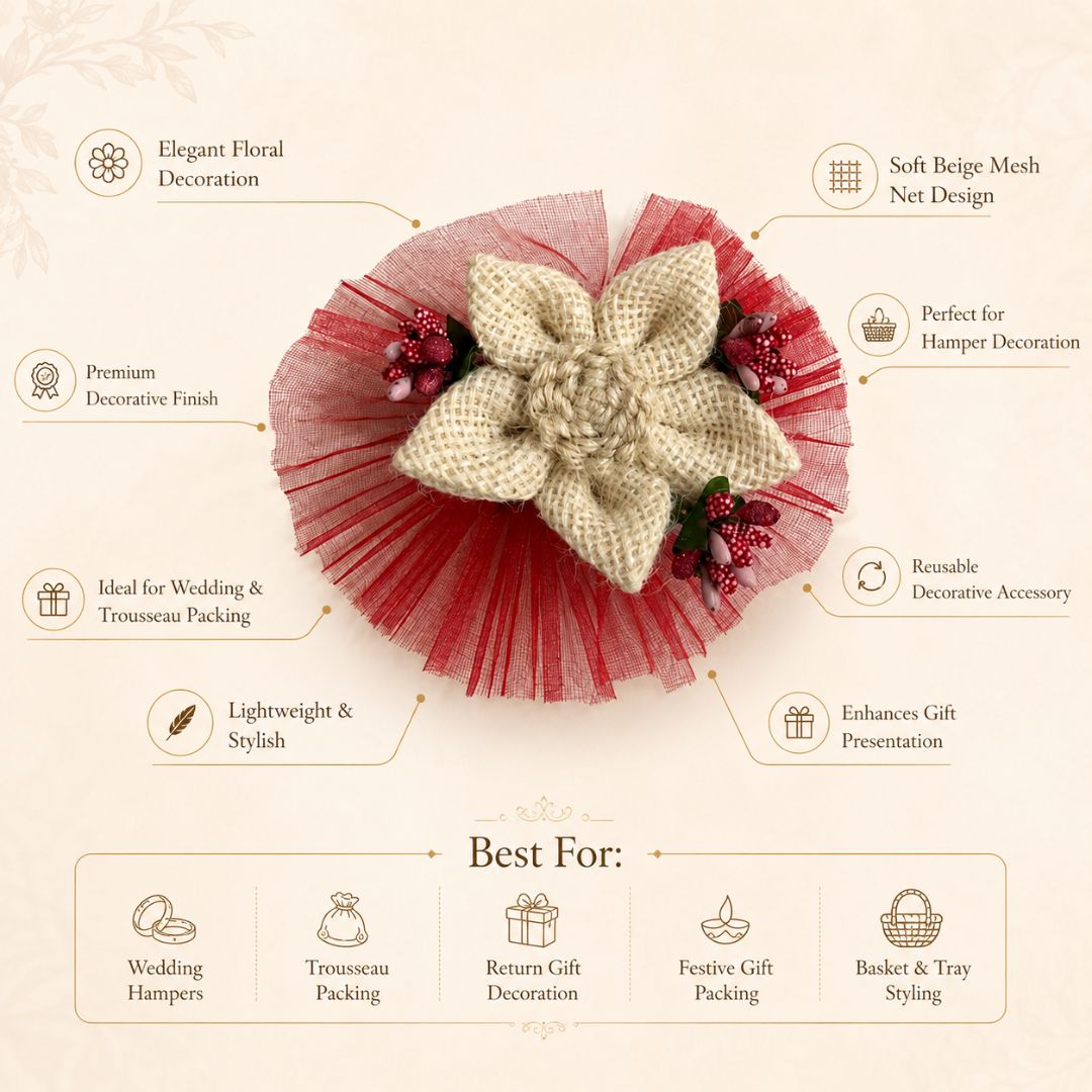 Set of 5 Jute Flower Decorative Accessories with Red Net for Hamper & Trousseau Packing