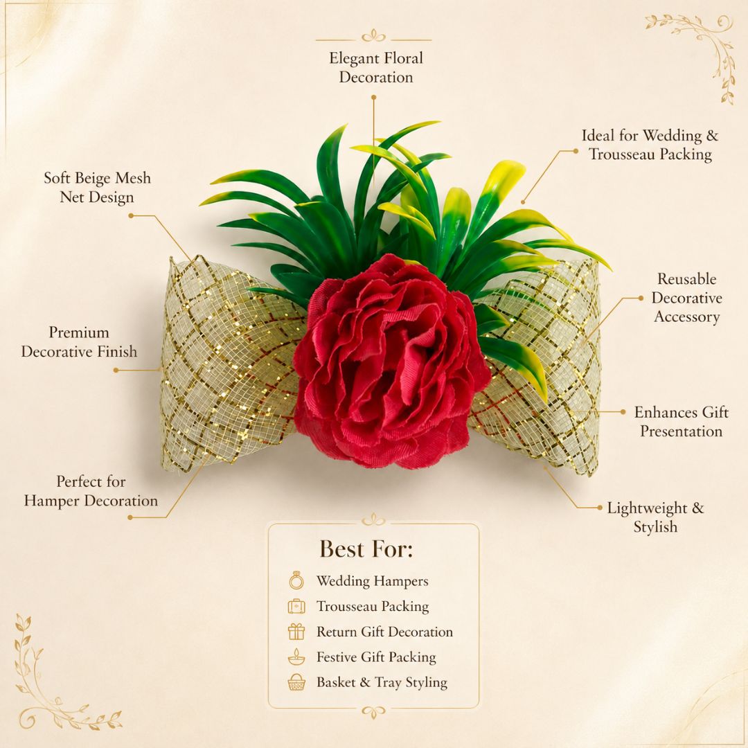 Set of 5 Red Floral Golden Bow Decoration Accessories for Hamper Packing