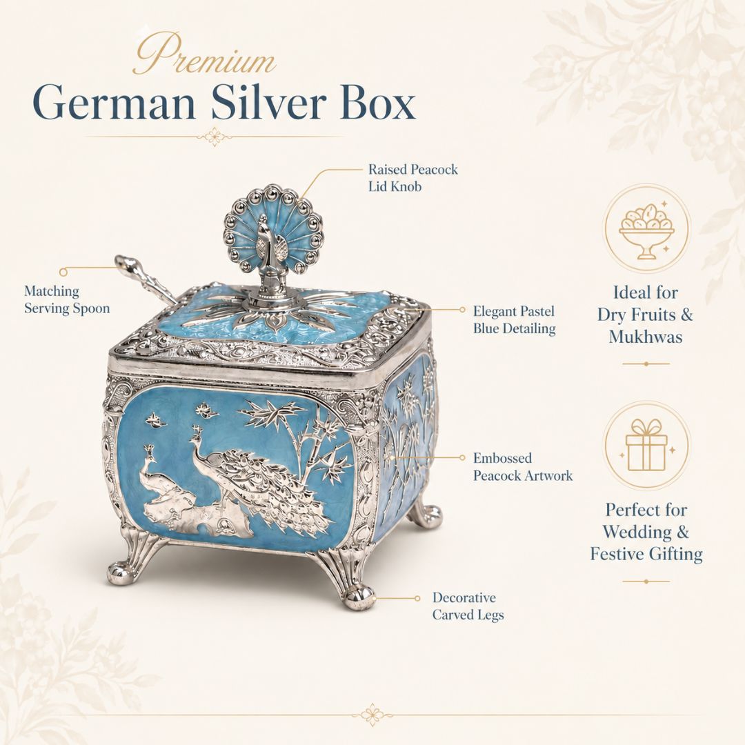 Royal Peacock German Silver Dry Fruit Box – Handcrafted Premium Gift (4 x 4 Inch)