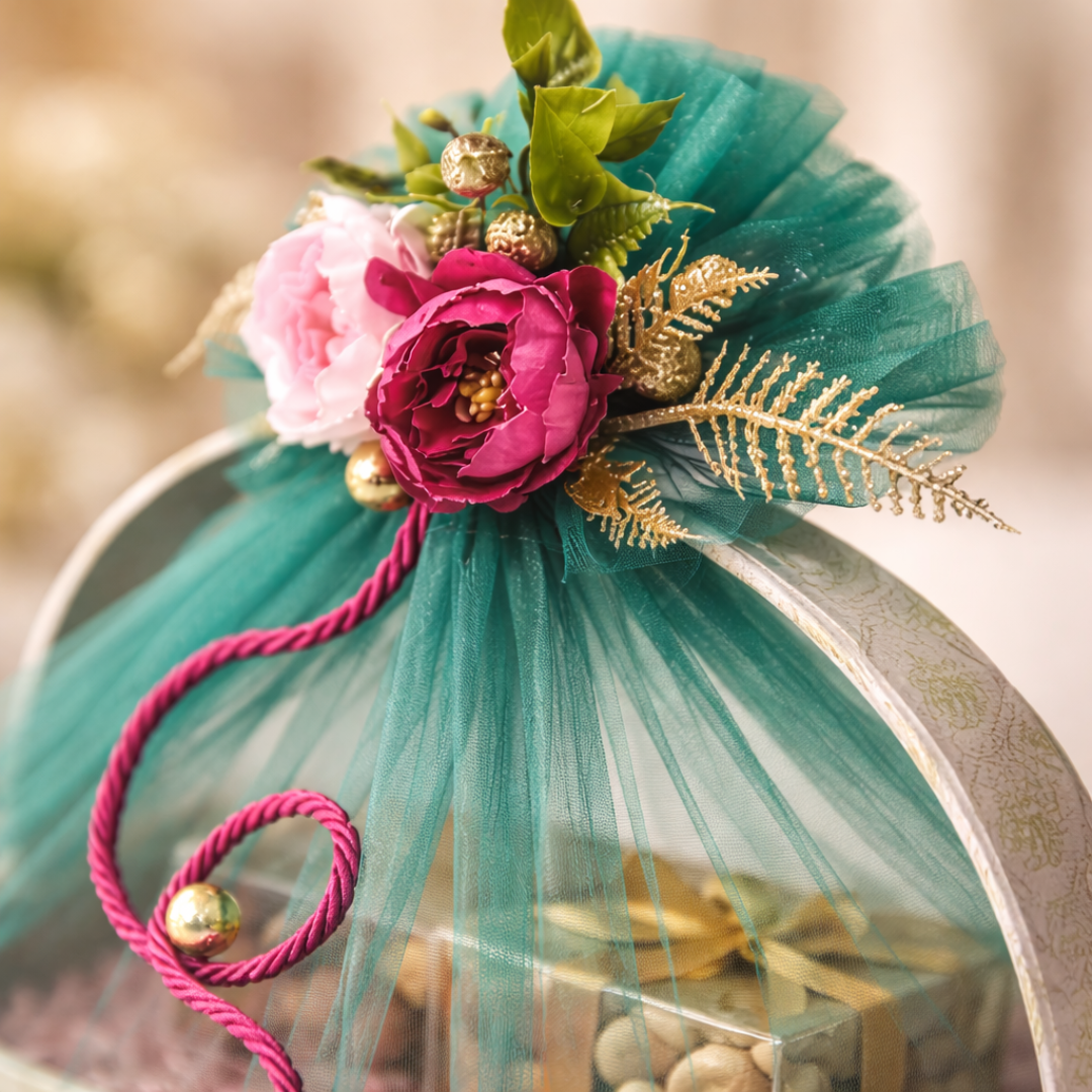 (Set of 3)Premium Mint Green Net Gift Basket with Floral Decor & Handle – 11 x 15 Inches