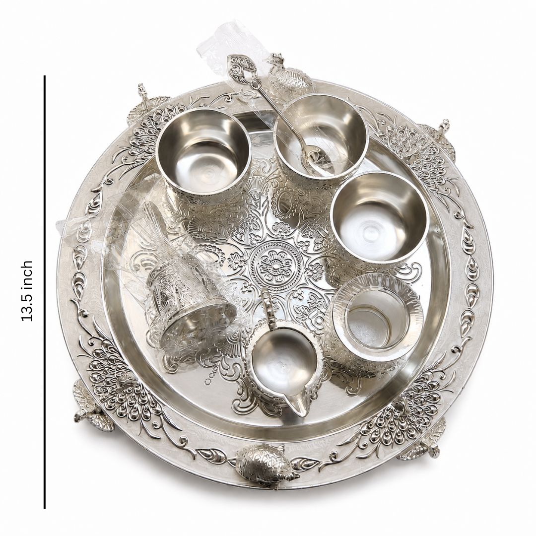 Premium German Silver Serving Set with Embossed Round Tray for Festive Gifting & Pooja Use - Adscraft.in