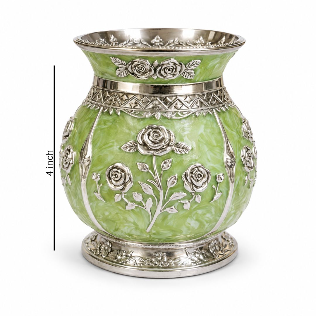 German Silver Floral Kalash with Green Enamel Work