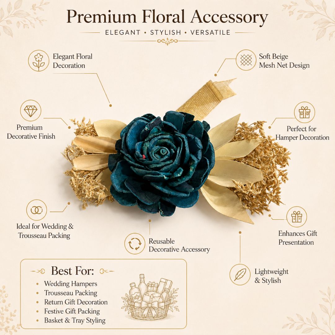 Set of 5 Teal Rose Decorative Accessories with Golden Leaves for Hamper & Trousseau Packing