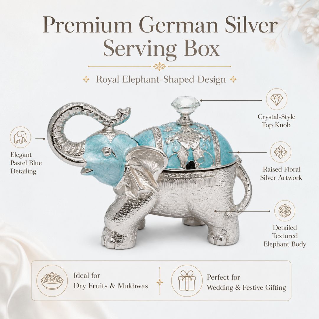 Luxury Silver Elephant Dry Fruit Box with Blue Enamel Finish | Decorative Storage & Gifting Box (8 x 6 Inch)