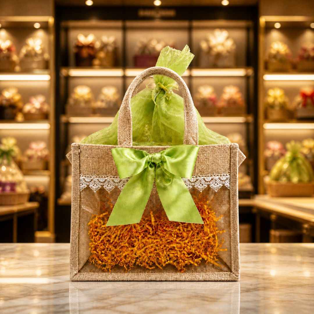 (Set of 5)Premium Jute Gift bags with Transparent Window & Green Bow – 12 x 15 Inches