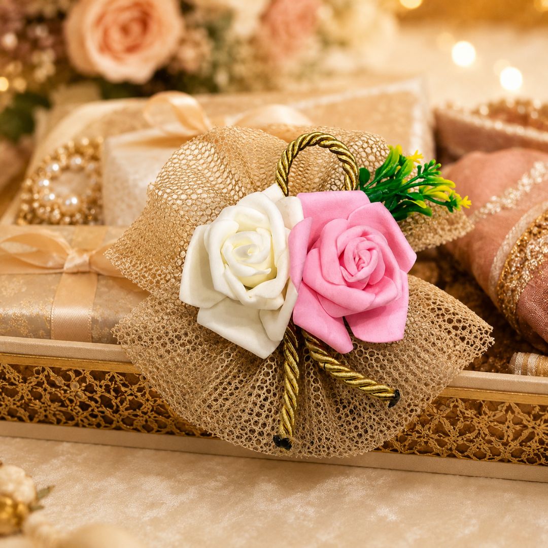Pack of 5 Pink & White Rose Decorative Net Accessories for Hamper Packing