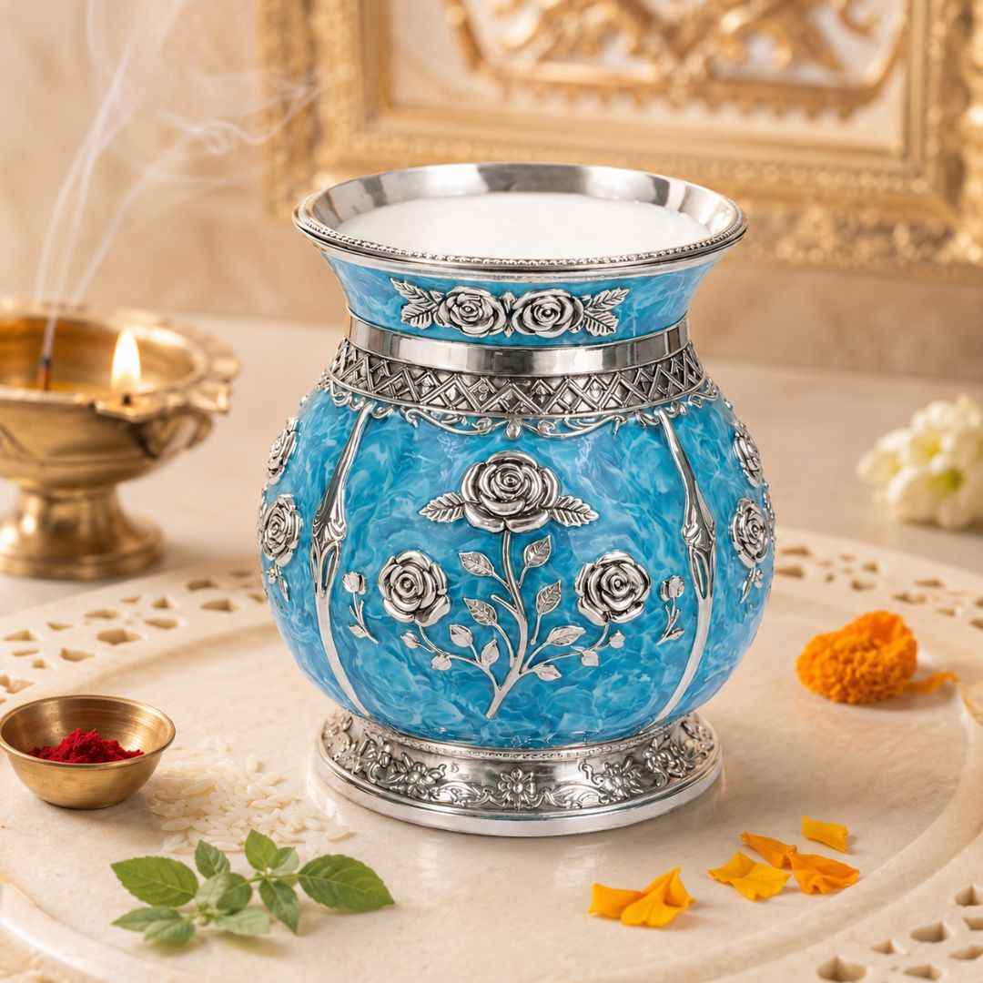 German Silver Floral Kalash with Sky Blue Enamel Work