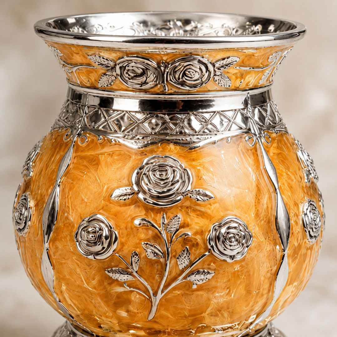 German Silver Floral Kalash with Yellow Enamel Work