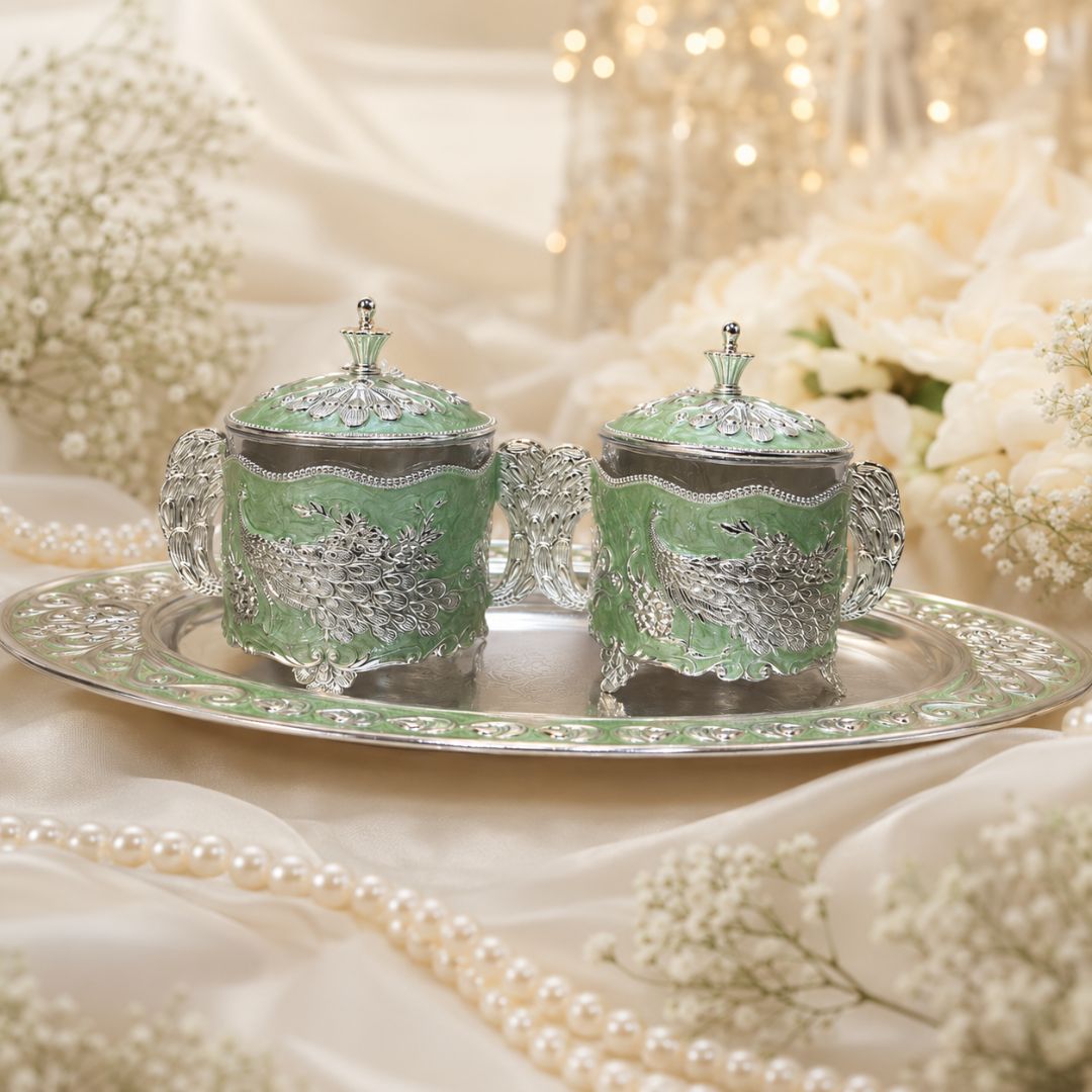 German Silver Green Peacock Container Set with Tray