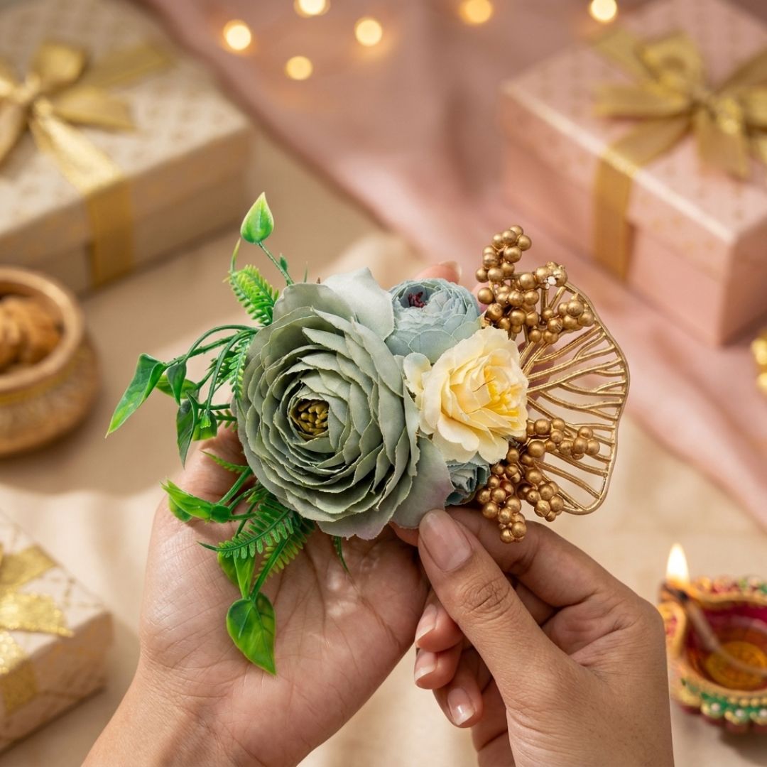 Set of 5 Sage Green & Gold Floral Decorative Accessories for Hamper & Trousseau Packing