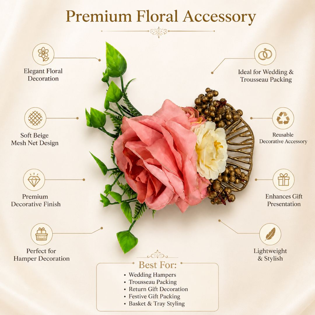 Set of 5 Peach & Gold Floral Decorative Accessories for Hamper & Trousseau Packing