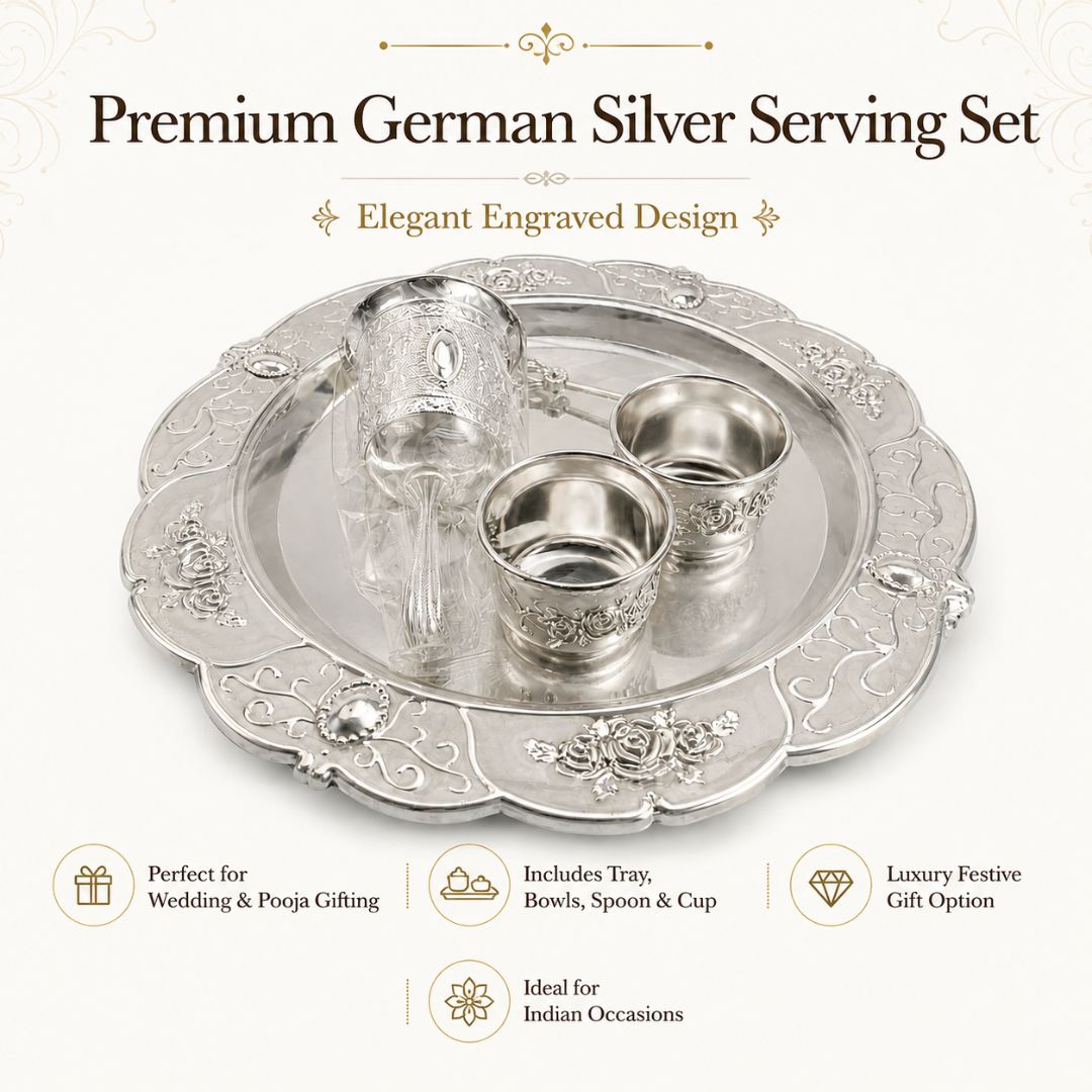 Premium German Silver Tray Set with Bowls & Spoon for Pooja, Serving & Gifting - Adscraft.in