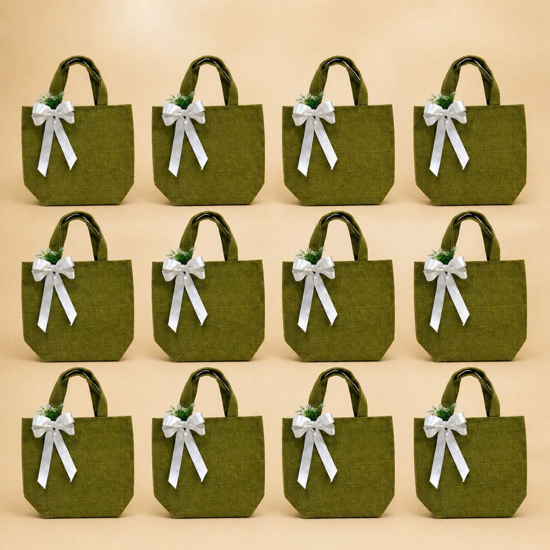 (Set of 5)Premium Olive Green Jute Gift Bag with Ribbon & Floral Accent  –  (11 x 15 Inch Sizes)