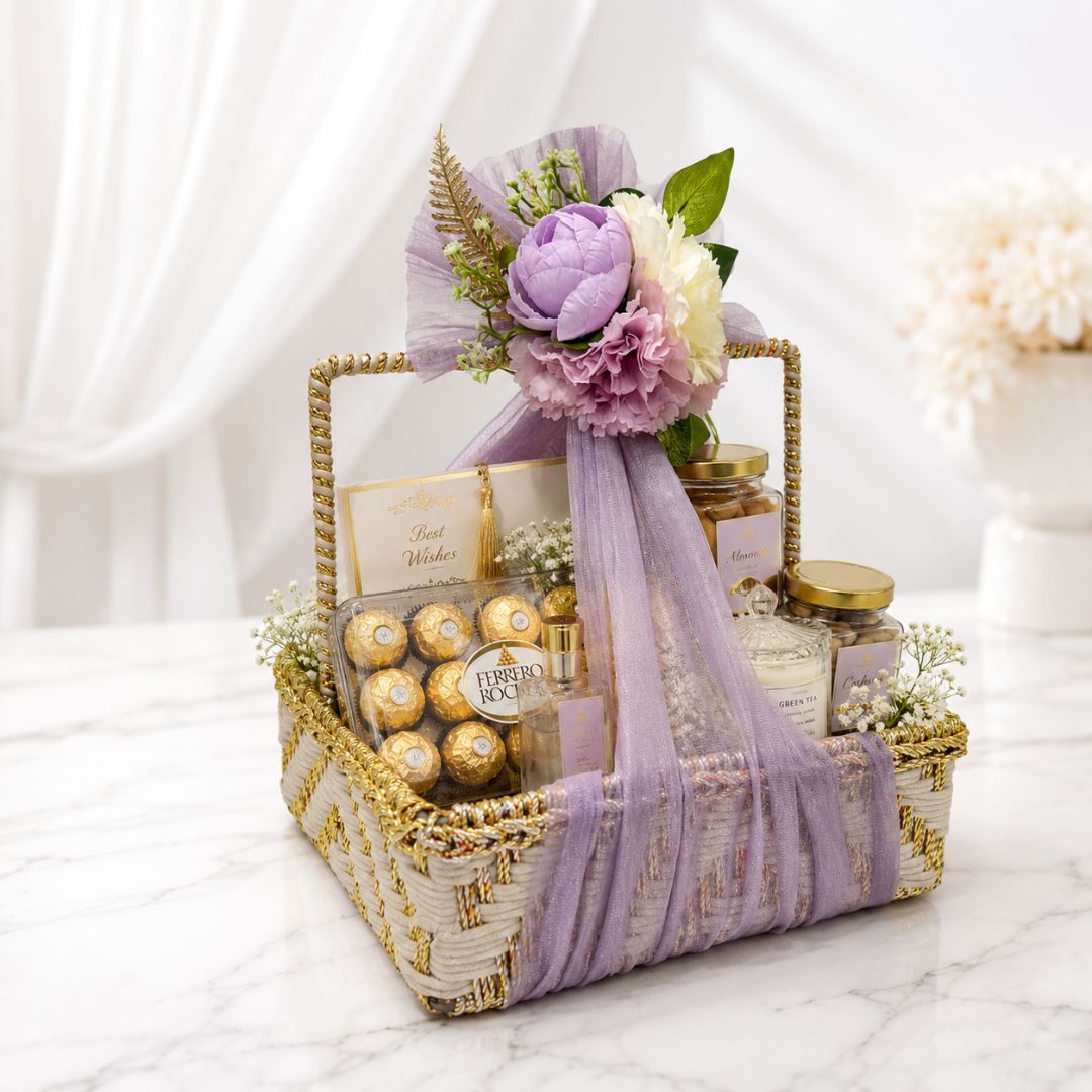 White & Gold Floral Basket (Set of 3) – (10x10 Inches)