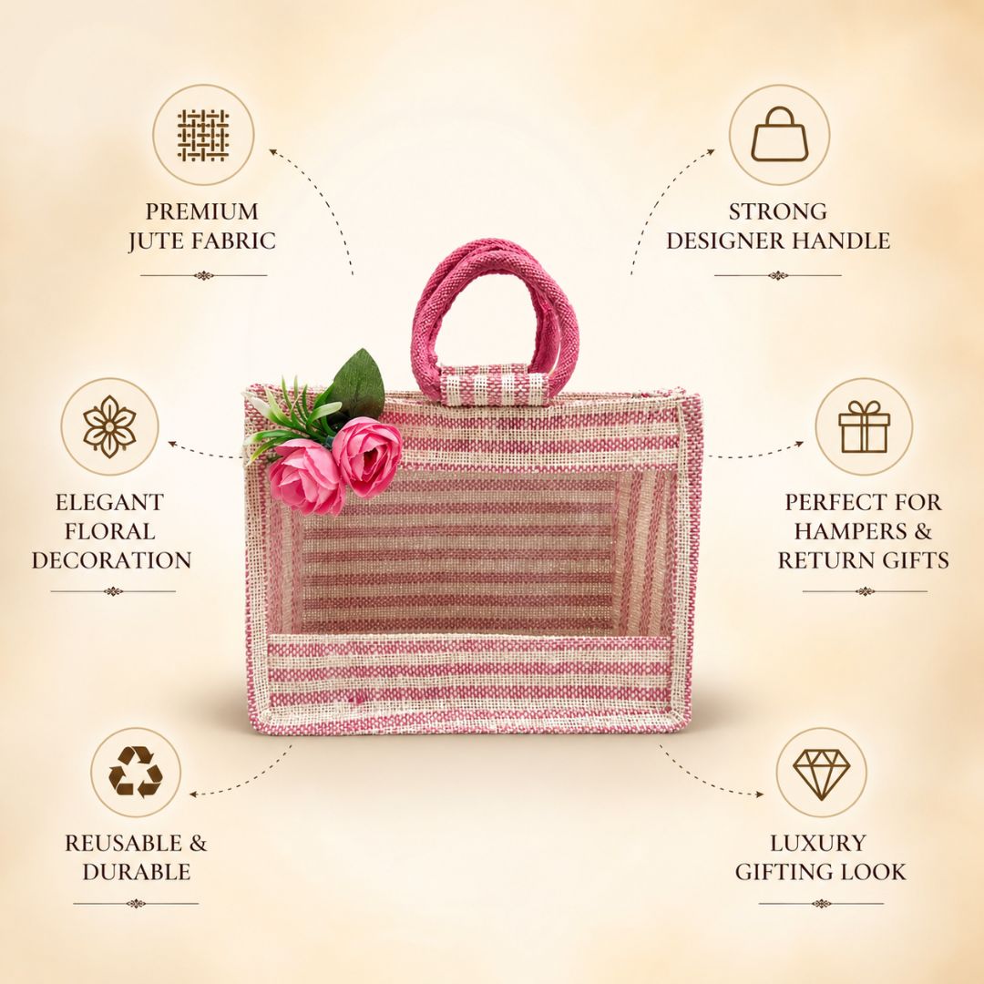 (Set of 5) Premium Pink Jute Gift Bags with Floral Decoration & Handle (11 x 12 Inch) – Wedding Return Gift & Hamper Packaging