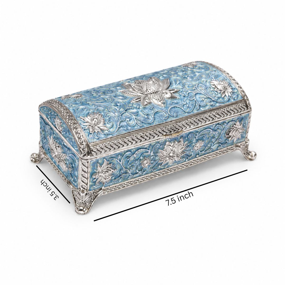 Luxury German Silver Floral Storage Box – Blue Enamel Finish (7.5 x 3.5 Inch)