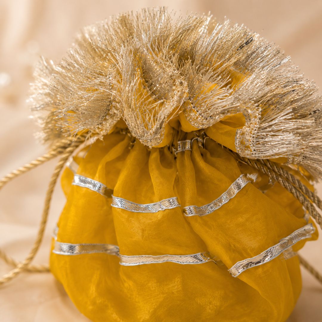 Pack of 5 -Mustard Yellow Gold Lace Drawstring Potli Bag